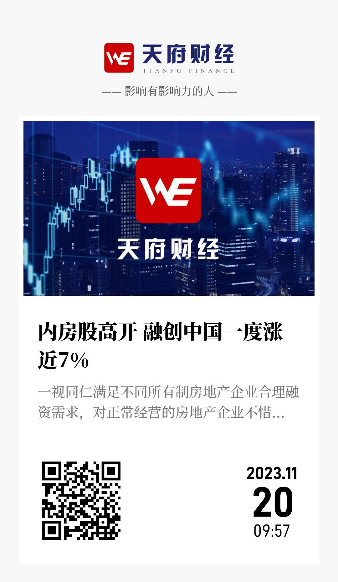 内房股高开 融创中国一度涨近7% - 海报